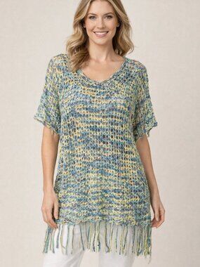 Ali Miles Mix-Color Open-Knit Crochet Fringe Tunic Top - Small